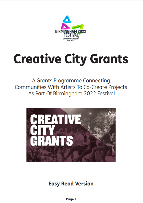 Front cover for Birmingham Festival Creative City Grants Easy Read Version report 