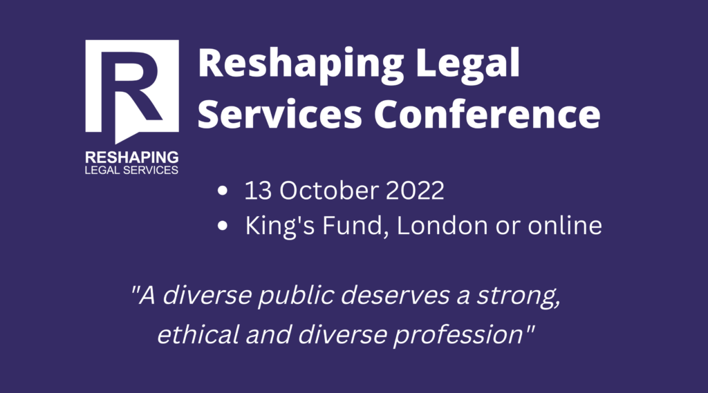Re-shaping legal services conference logo, white text on a purple background
