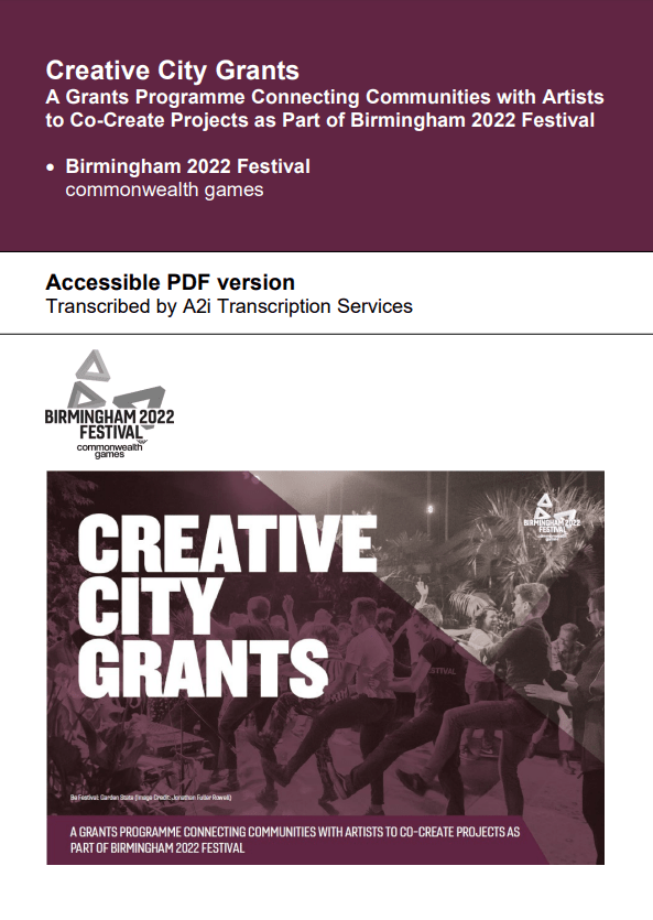Front cover for the Birmingham Festival Creative City Grants report Accessible PDF version. 