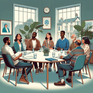 Illustration of a citizens jury composed of everyday people from diverse backgrounds engaged in a friendly yet serious debate