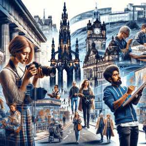 An illustrated collage that depicts Creative Scotland's support for the arts, screen, and creative industries, incorporating numerous Scottish landmarks.