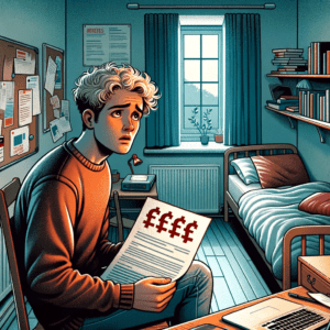 Illustration of male student in bedroom holding a large bill
