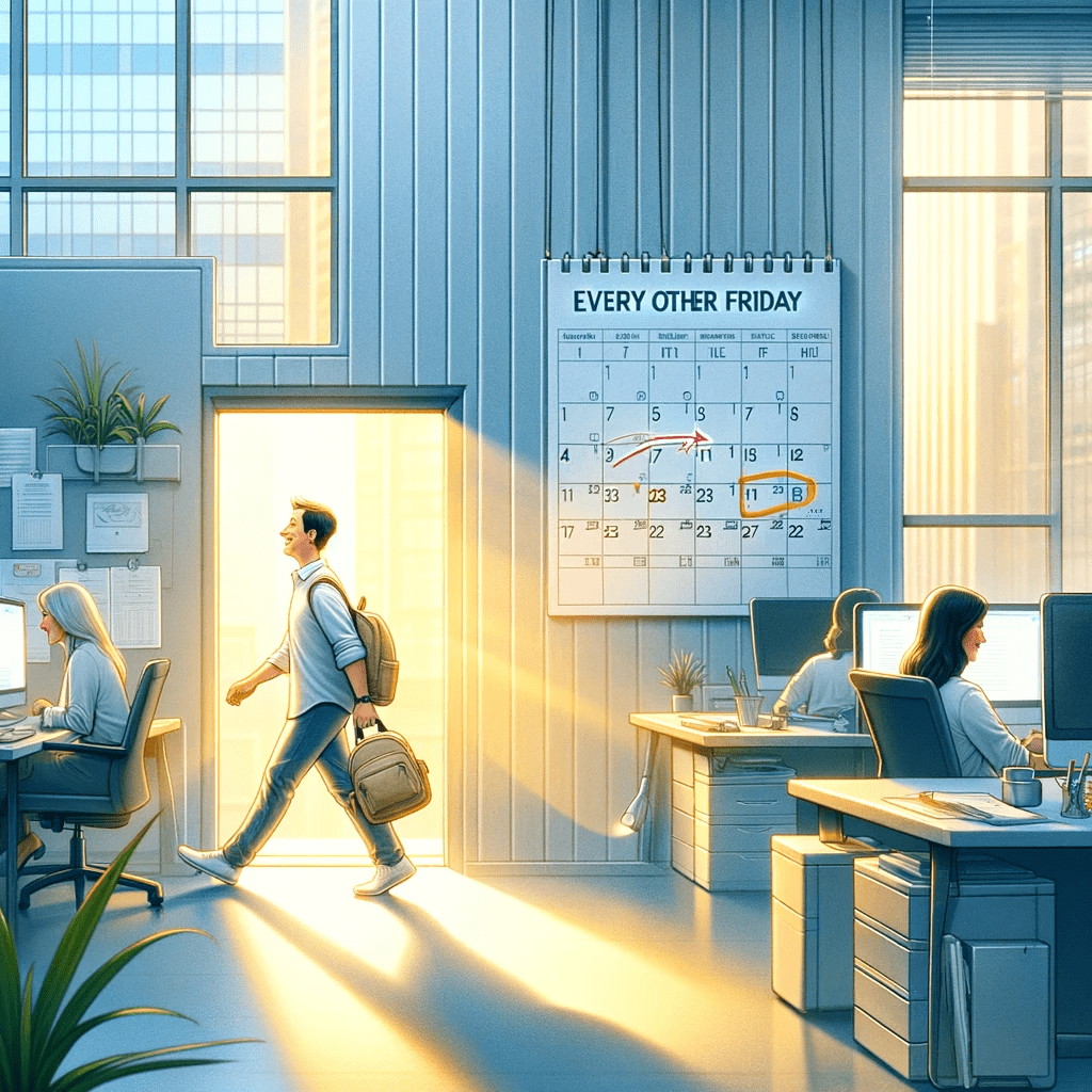 An illustration showing a man walking out of an office with a calendar saying 'Every Other Friday' on it
