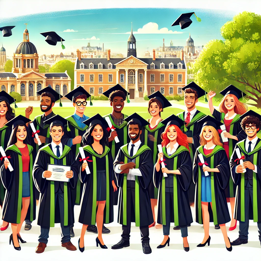 A vibrant illustration of a diverse group of university graduates celebrating their graduation. The group includes individuals of different ethnicities
