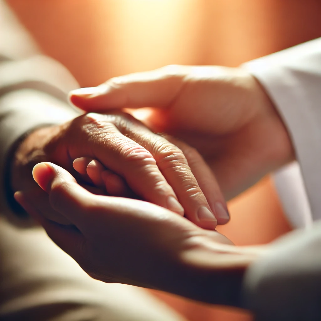 A close up image of two hands gently holding each other. One hand belongs to a patient appearing slightly frail while the other hand is that of a carer or family member. AI generated