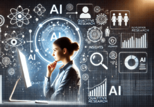 An AI digital illustration of a female market researcher using AI. She is looking at a screen with a range of simple icons such as looking glasses, bar charts and gender icons around the outside of the image.