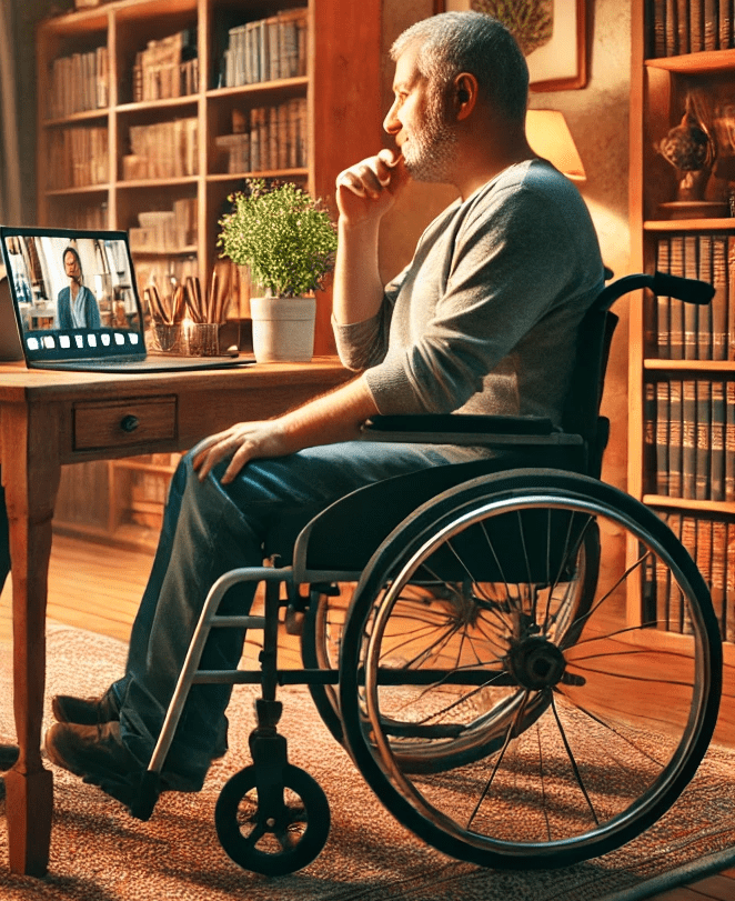 A man in a wheelchair speaks to a lawyer via video link from home