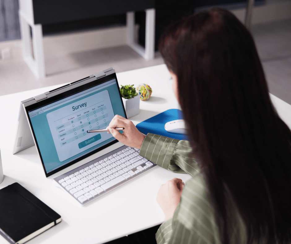 Qualitative Access Panel: A woman filling in a survey on a tablet device.